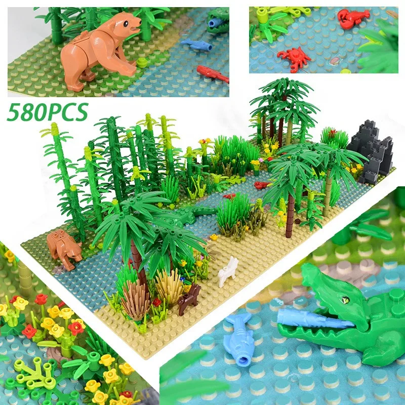 580pcs Build a Tropical Rainforest Scene with Classic Grain Base Plate Building Blocks Accessories Pack for Kids Children