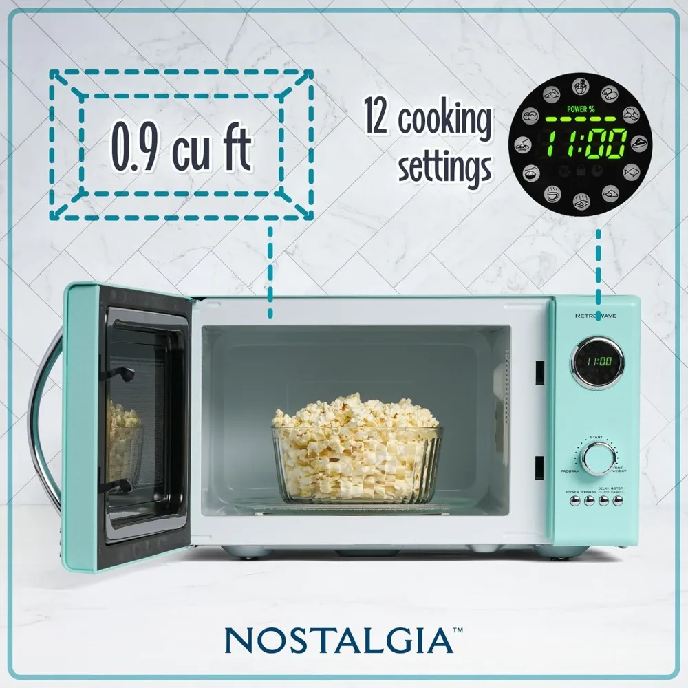 Retro Countertop Microwave Oven-Large 800-Watt 0.9 cu ft-12 Pro Programmed Cooking Settings Digital Clock