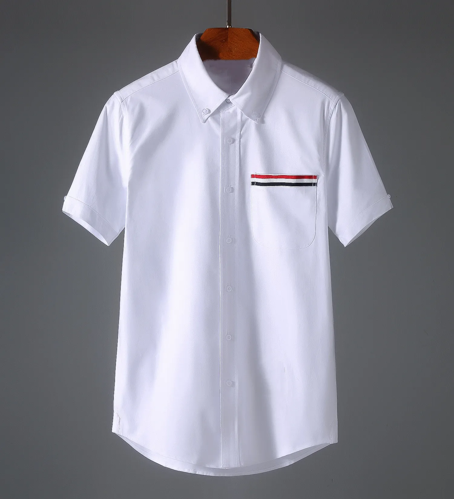 

2023 Summer Men Short Sleeve Shirt Oxford Cotton Blouse Turn Down Collar Solid Stiped Pocket Casual Top