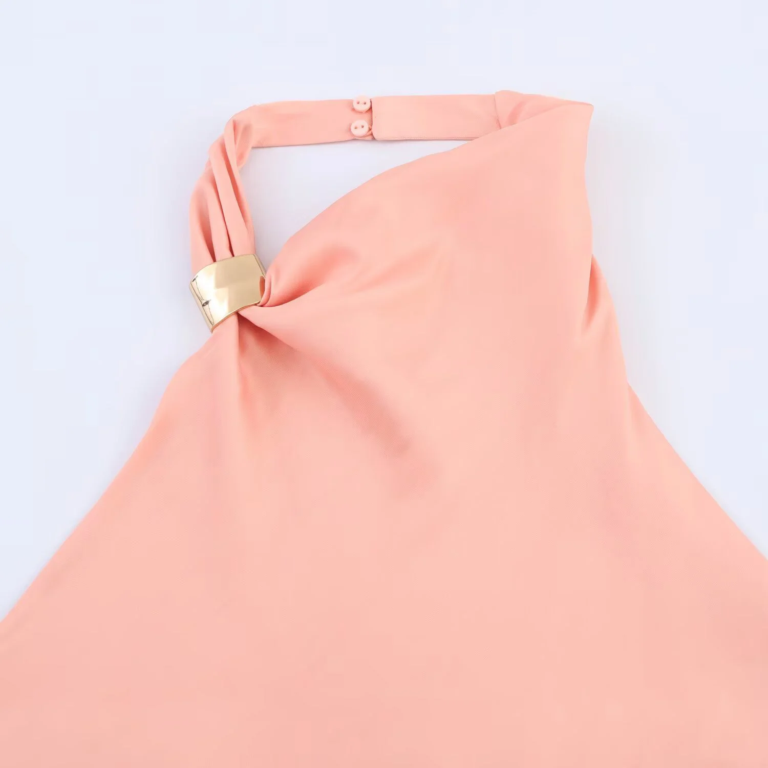 Sommer-Damen-Top aus Satin mit goldenem Aufkleber und elegantem, temperamentvollem Schlitz-Design, plissiertem A-Linien-Langrock – Detail 7