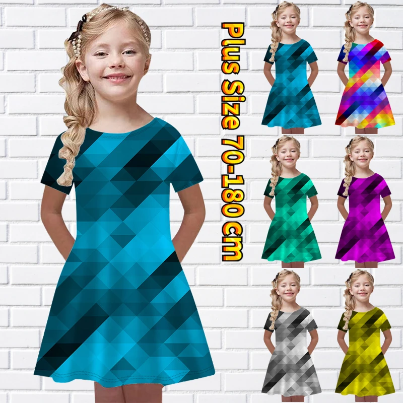 

Girl Abstract Printing Little Girl Round Neck Short Sleeve Skirt Summer Beautiful Princess Skirt Loose Size Knee-length Skirt