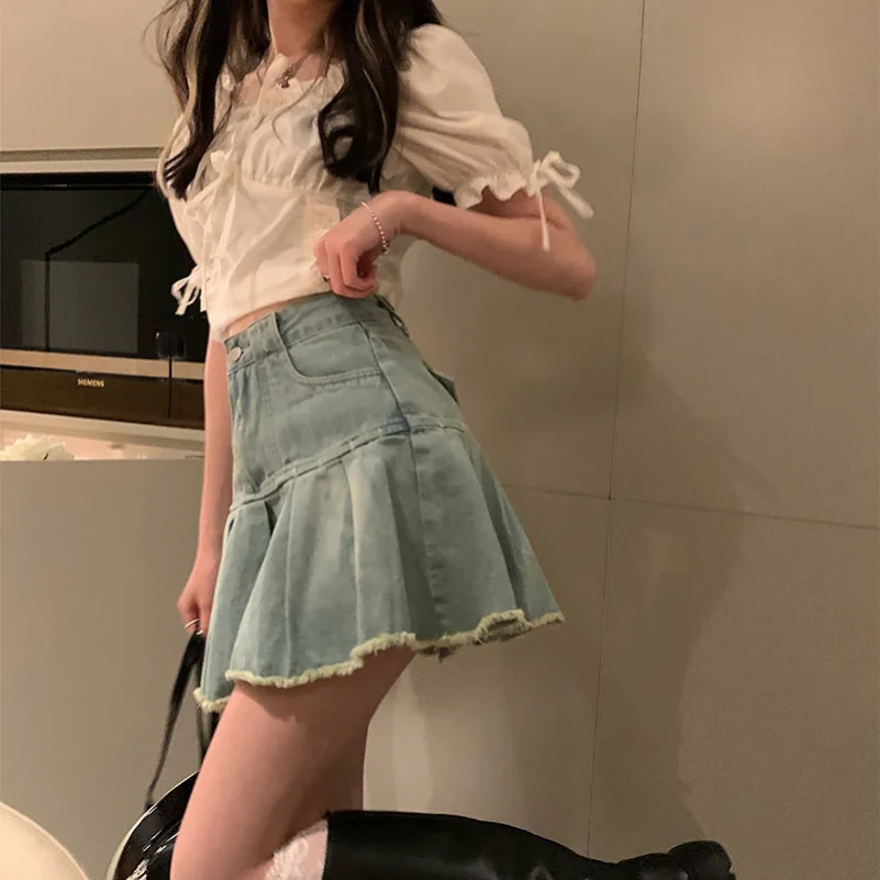 Do Old Denim 학생 스커트 여성용, 라지 사이즈 하이웨이스트 슬리밍, 세련된 프릴 A 라인 플리츠 스커트, 봄 여름 신상