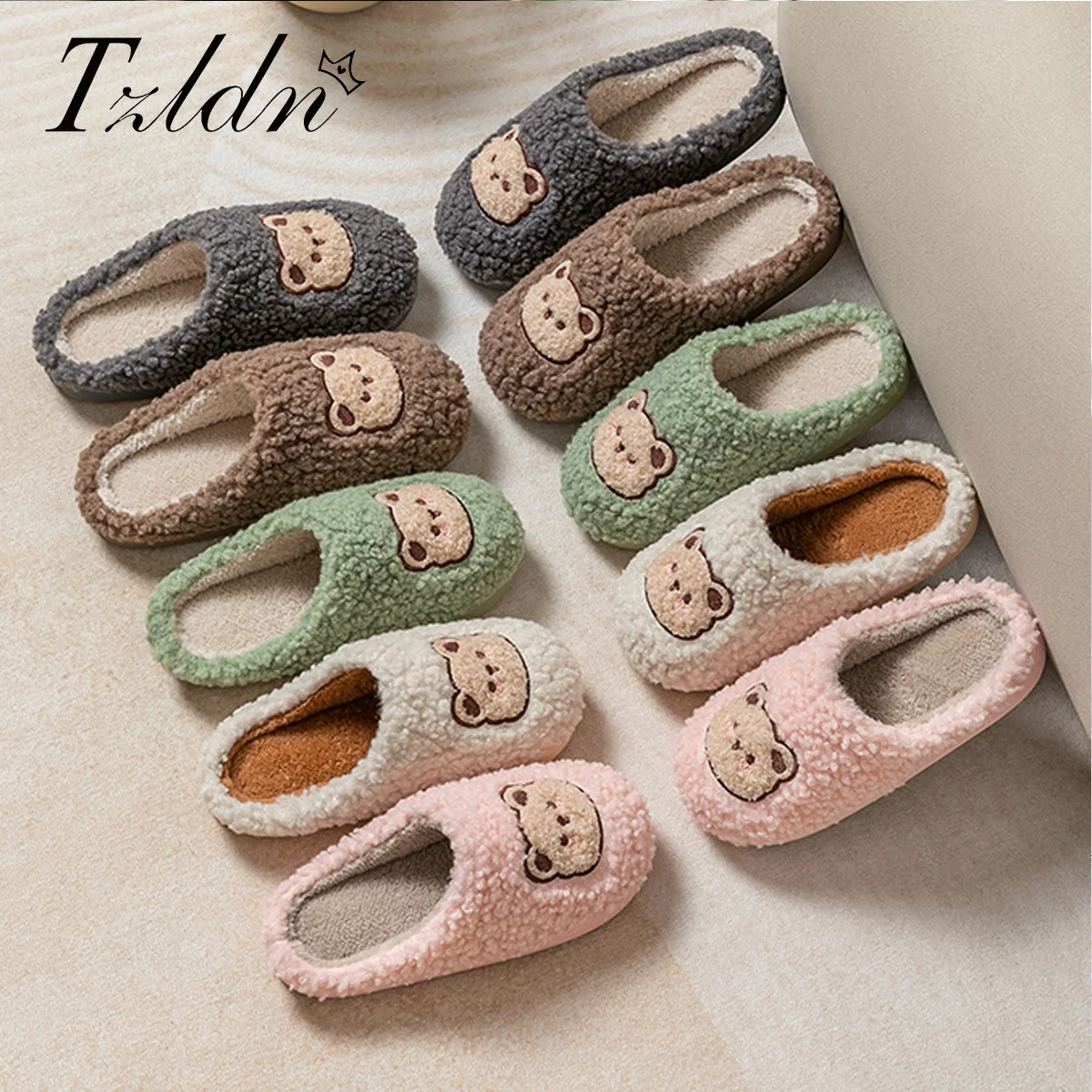 TZLDN mode chaussons pour hommes hiver chaud dessin animé ours belle intérieure semelle souple antidérapant dortoir casual maison chaussures en peluche Couple