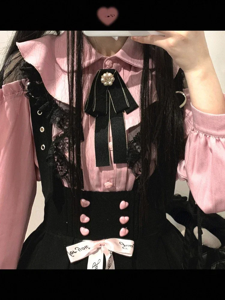 Japanese Pink Kawaii Lolita Blouses Women Bubble Sleeve Sweet Cute Y2k Shirt Female Lace Bow College Style Vintage Blouses 2024
