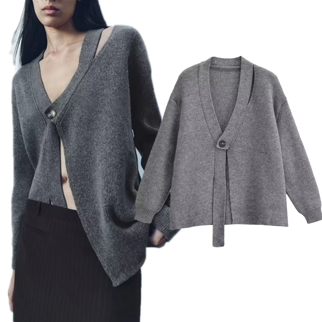 

Dave&Di French Lazy Style Hollowed Out Asymmetrical Knitted Jacket Design Gray Simple Sweaters Women's Cardigan