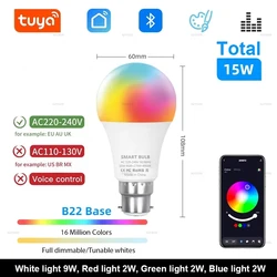 Enhanced Bluetooth LED Bulb with Dimmable RGBCW Color Change and Music Rhythm Timer Control - Yes (B22 Base Total 15W)