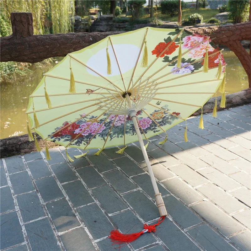 Satin Cloth Umbrella, Women's Photography Props Chinese Knot Pendant Tassel Gauze Classical Oil Paper Umbrella Parasol, 1Pc