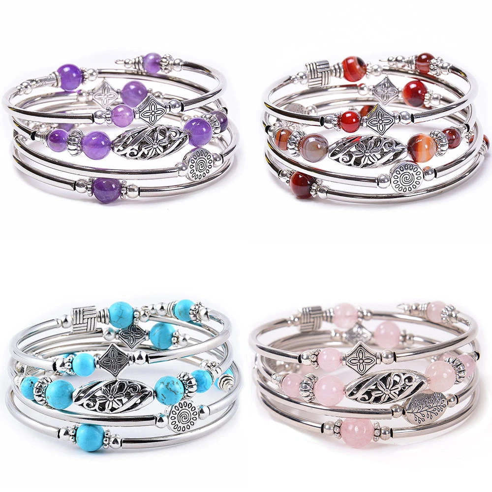 

Layered Wrap Bangle Crystal Agate Beads Bracelet Healing Mala Bead and Silver Color Metal Fashion Bohemian Jewelry for Women