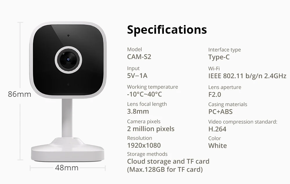 CAM Slim Gen2 CAM-S2 080P HD WiFi Smart Security Camera Two-Way Audio Scene Link