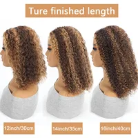 Perruque courte bouclée bob avec mèches blond miel 4/27, 100% cheveux humains, perruque frontale en dentelle 13x4, ondulations profondes pour femmes, cheveux humains vierges 5