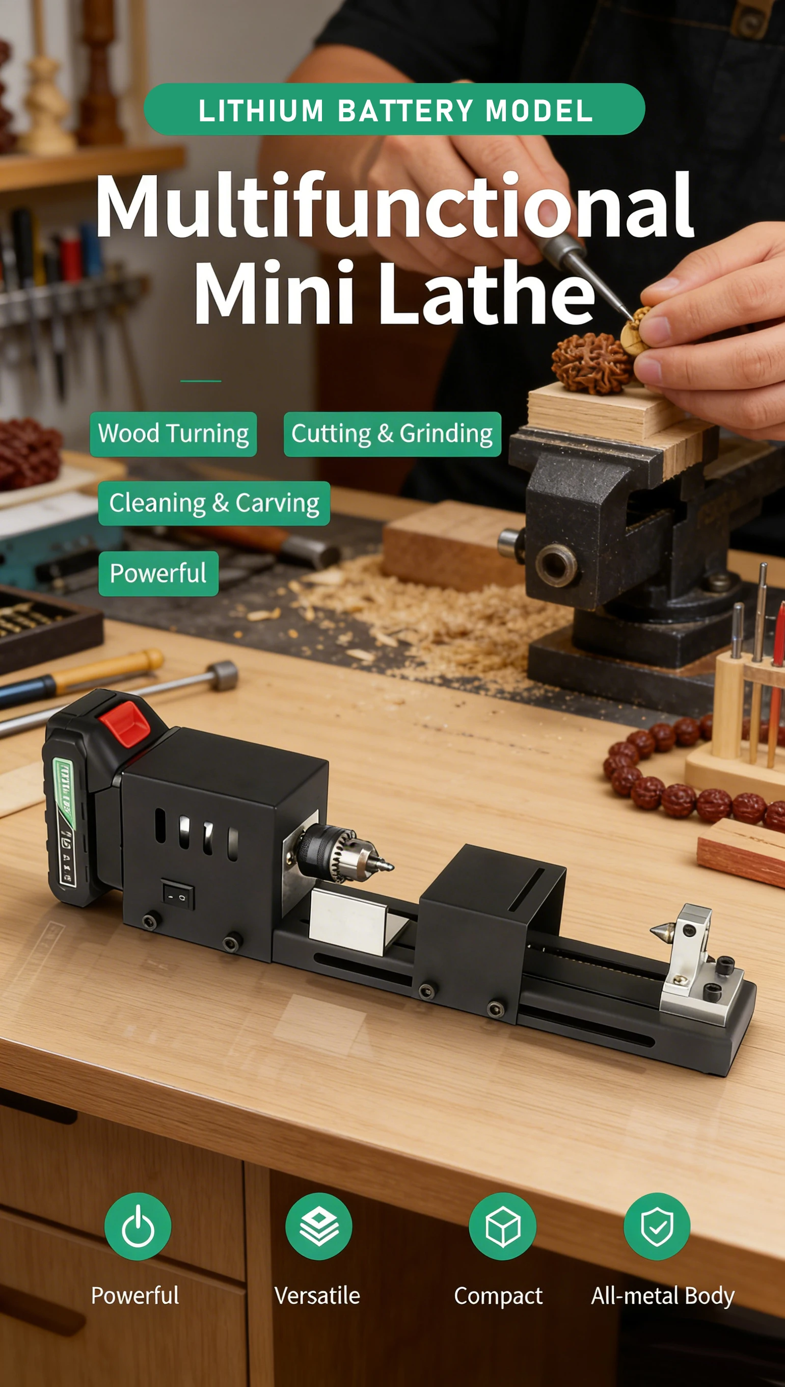 Portable Mini Lathe Machine 12V/24V DC Miniature Buddha Pearl Lathe Woodworking