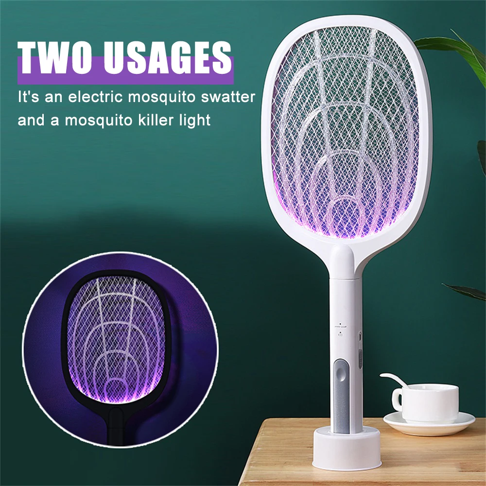 

USB Rechargeable Electric Mosquito Swatter Household Purple Light Mosquito Swatter Handheld/Vertical 2-in-1 Electric Swatter