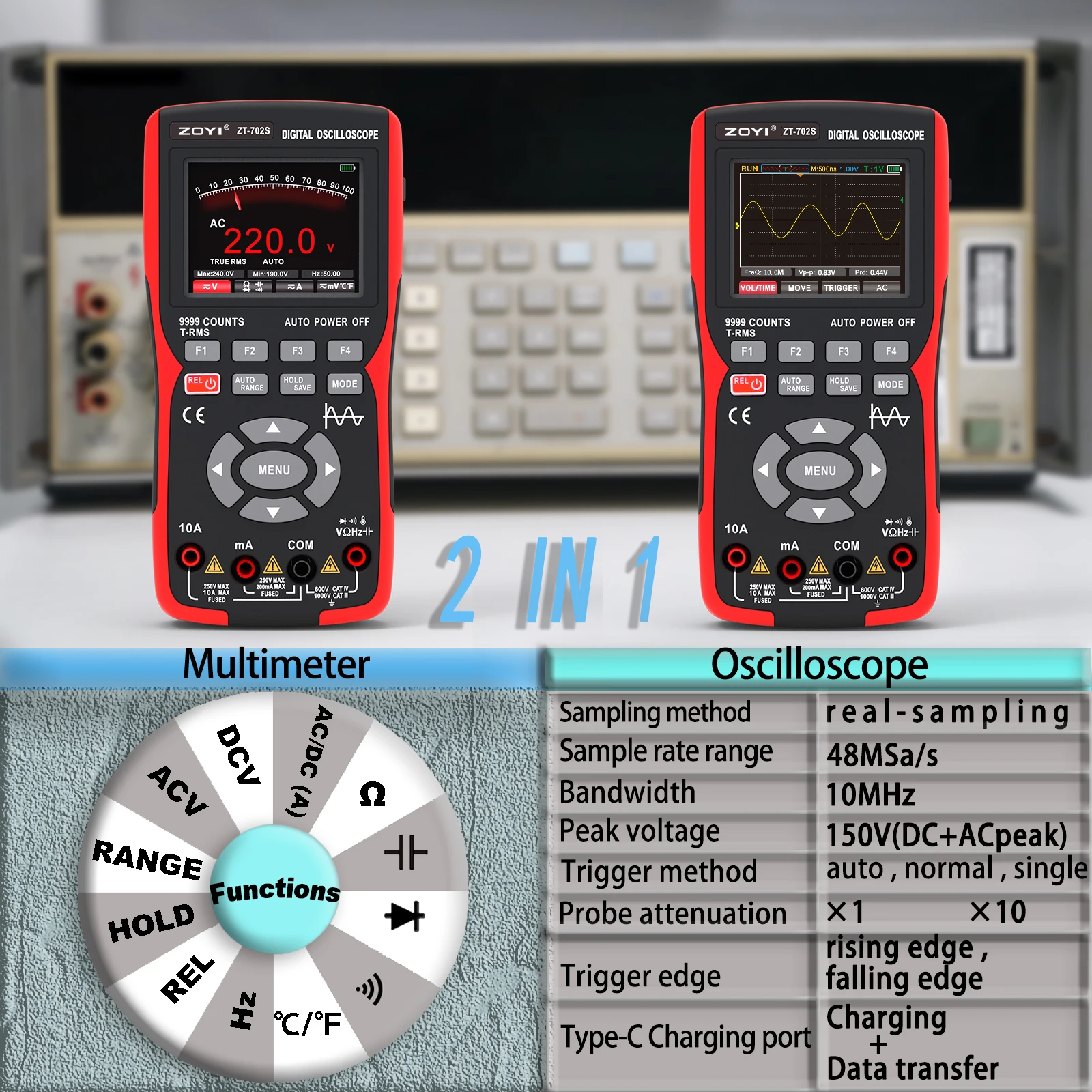 

Digital Oscilloscope 48MSa/s 10Mhz PC Waveform Digital Storage Oscilloscpe Multimeter Auto True RMS Tranistor Probe Multimetro