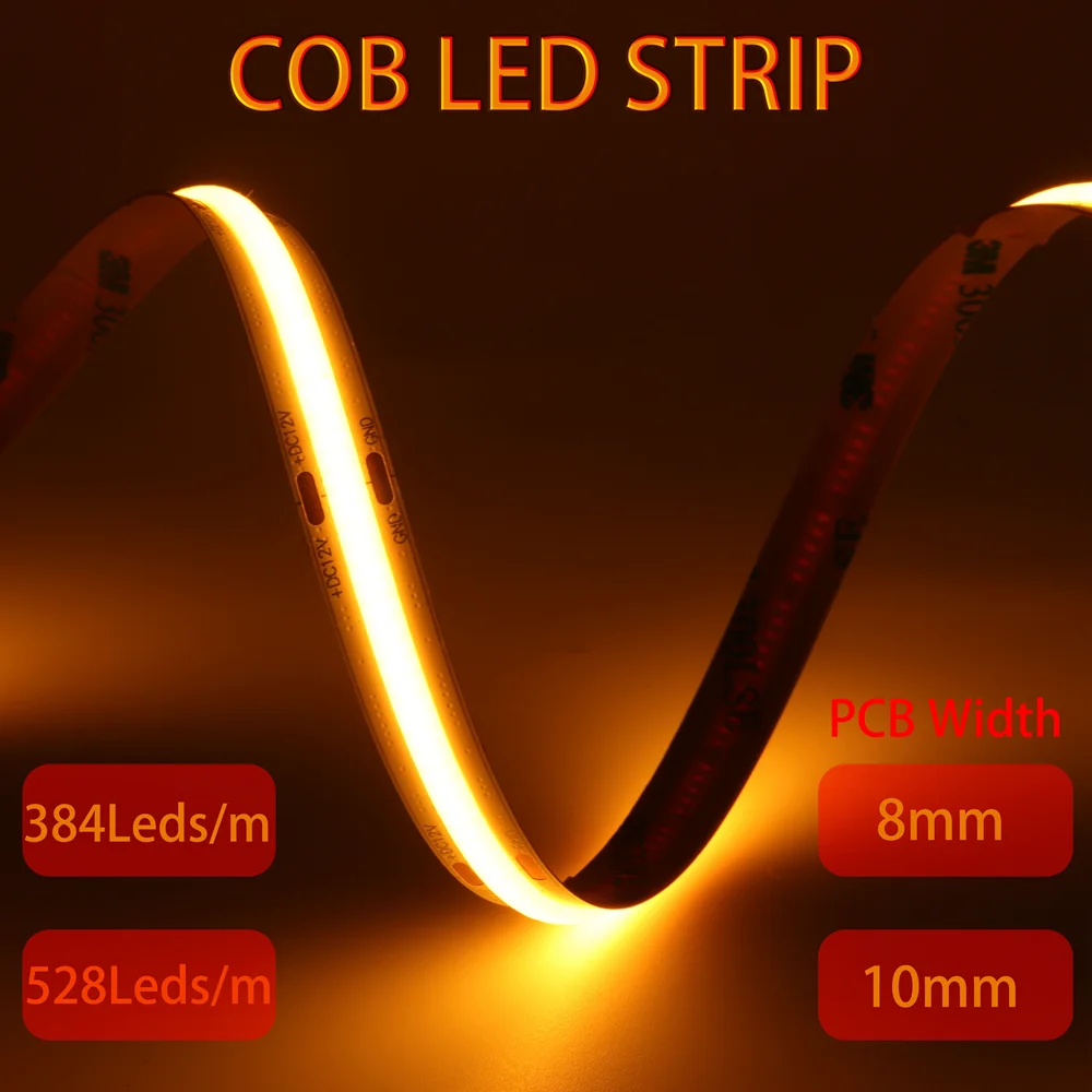 DC12V 24V COB LED Strip Light 10mm High Density Flexible Tape Light Dimmable FOB 