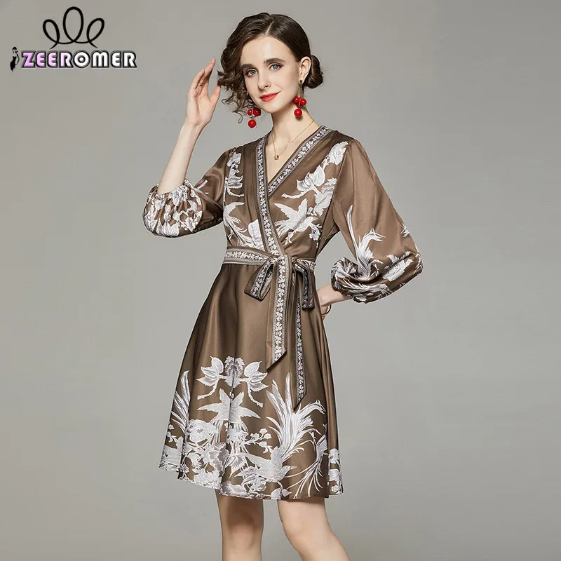 

2022 Autumn New Elegant Print Dress High Quality Women V-neck Puff Sleeve Lace-up Party Dress Femme Vintage Mini A-line Vestidos
