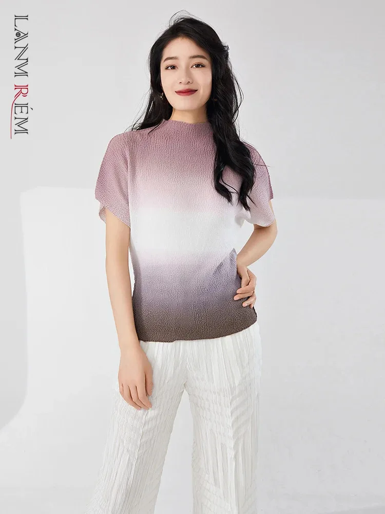 

LANMREM Pleated Gradient T-shirt For Women Stand Collar Short Sleeves Casual Tops Versatile 2024 Summer New Clothing 2Z1381