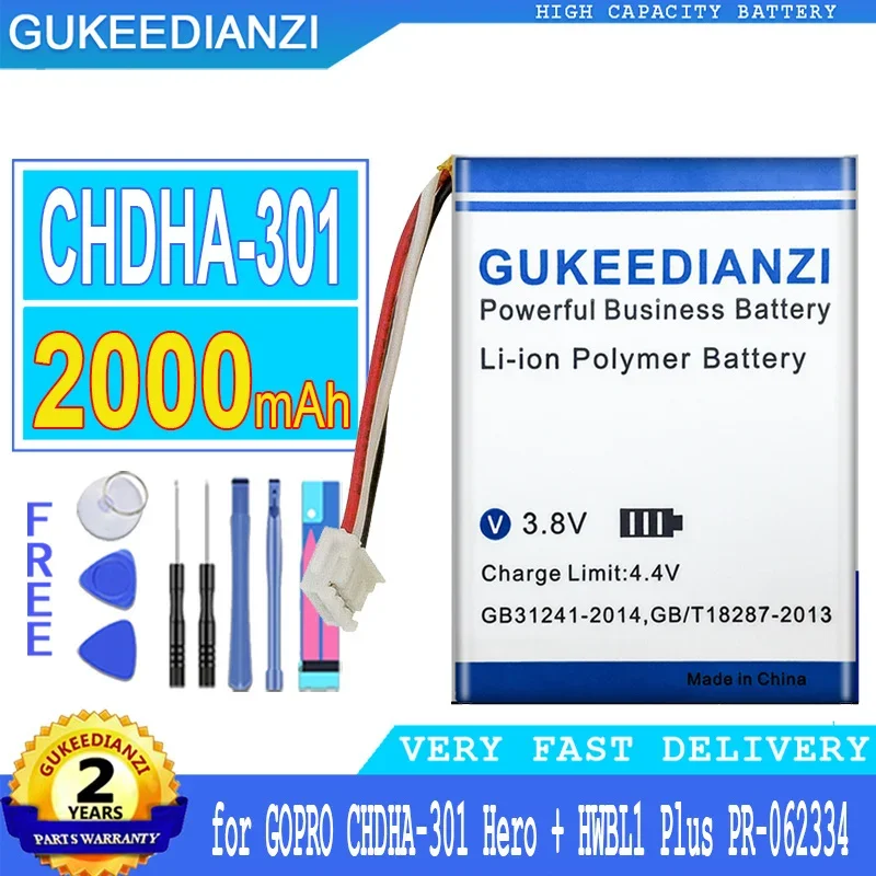 

GUKEEDIANZI for Gopro, Big Power Battery, CHDHA-301, CHDHA301, Hero +, HWBL1 Plus, HWBL 1 Plus, PR-062334, PR062334, 2000mAh