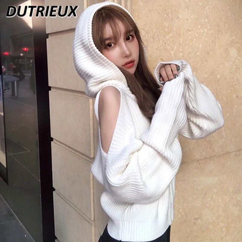 

Sweet White Zipper Knitted Cardigan Coat 2024 Autumn and Winter New Loose Hooded Sweater Women's Off-Shoulder Short Knitwear