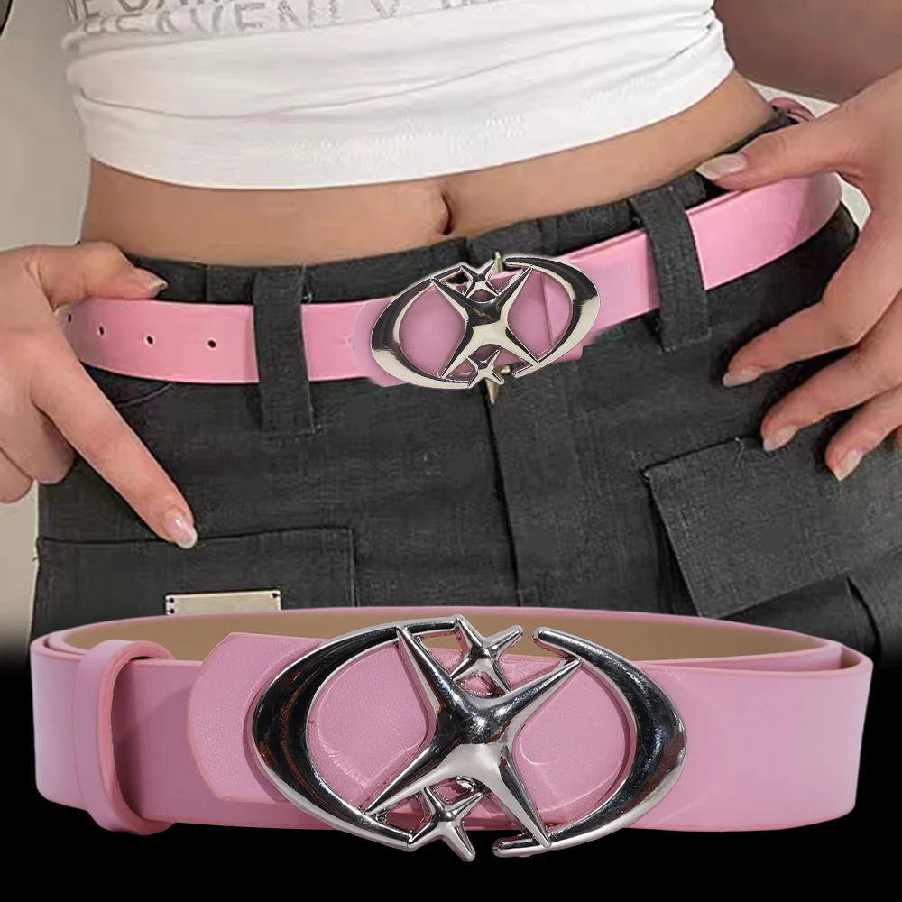 Fashion Spicy Girl Pink PU Leather Belt Metal Punk Cross Buckle Moon Star Buckle Belt Waistband Women Y2K Versatile Decoration