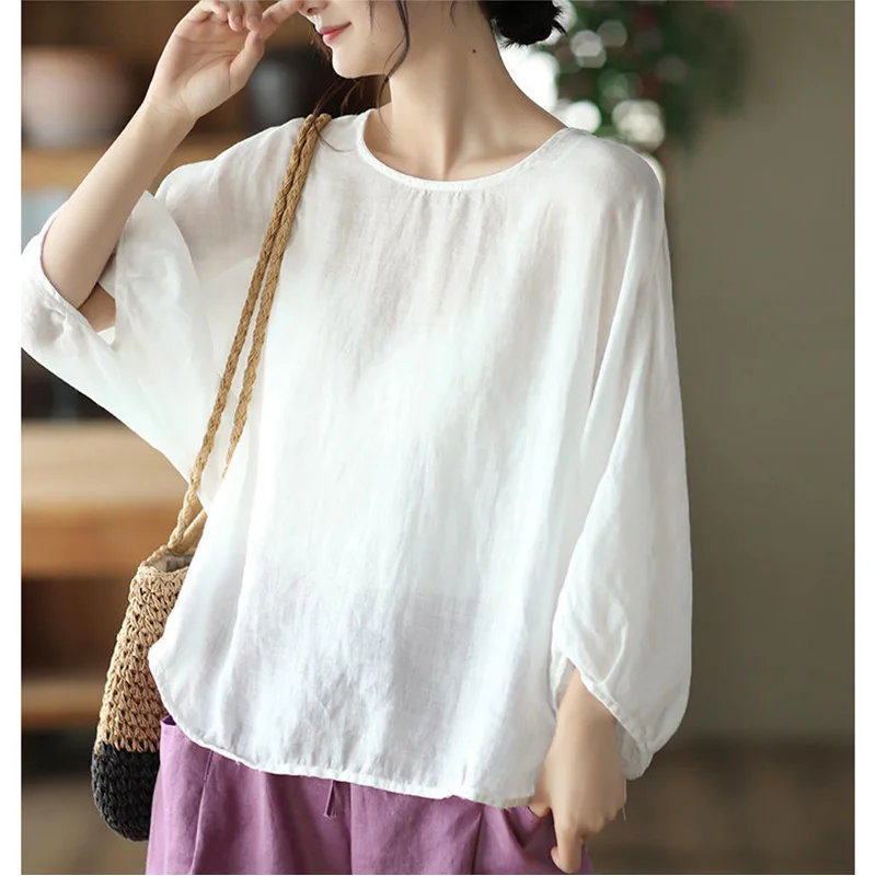 Fashion O-Neck Solid Color All-match Batwing Sleeve Blouse Women's Clothing 2023 Summer New Casual Pullovers Loose Korean Shirt
