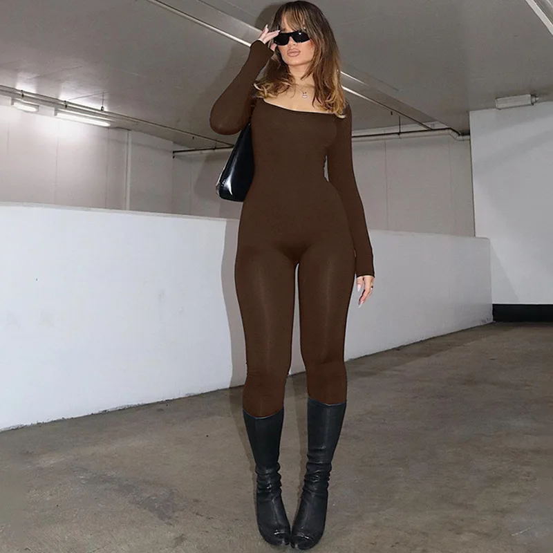 

2024 Women Backless Jumpsuits Streetwear Fashion Long Sleeve One Piece Sports Fitness Overalls Female Hollow Out Solid Bodysuit