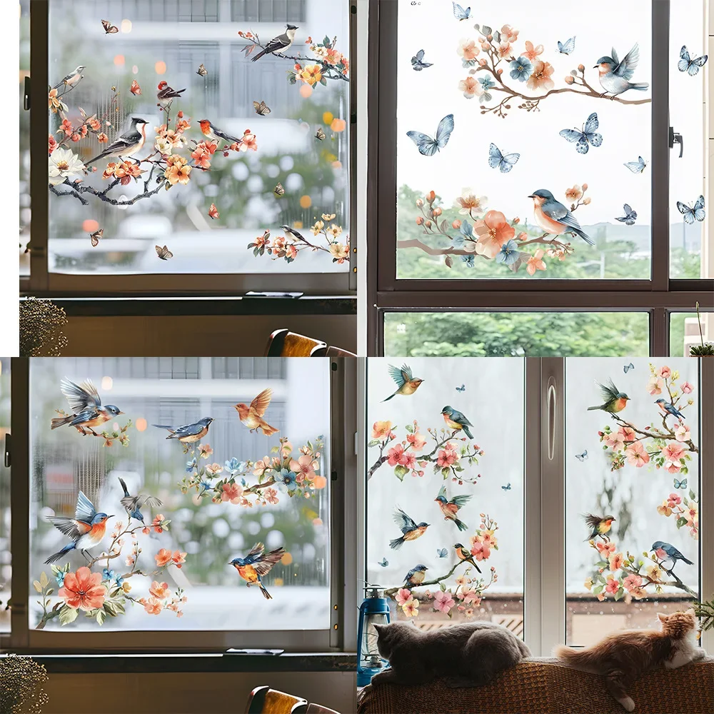 Flower Branches Bird Glass Windows Home Landscaping Decoration Electrostatic Uv Window Stickers Can Be Removed 1PCS
