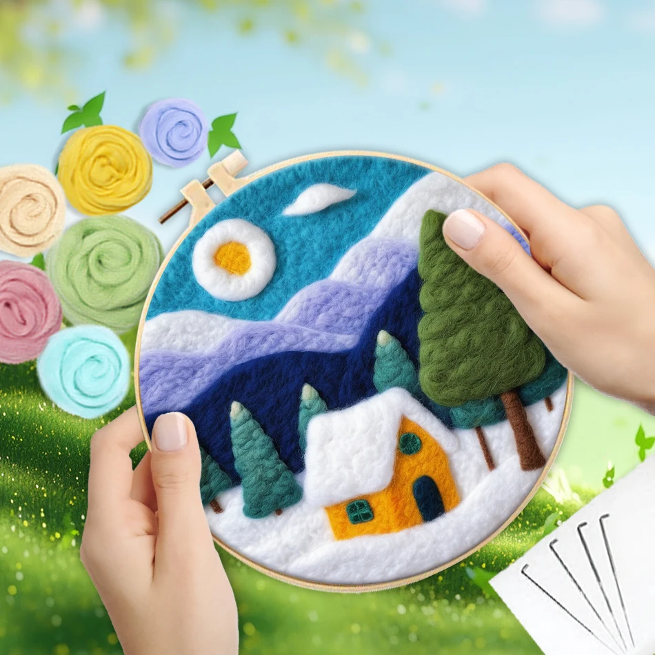 PhotoCustom Funny DIY Wool Embroidery Kit Ins Creative Starry Landscape Wool Stitch Picture Kit Craft Felt Paintings Decors wool felting kit needle felt kit