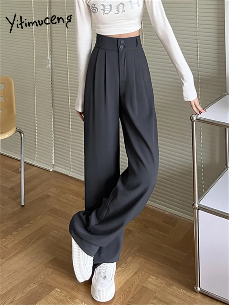 Yitimuceng Solid Suits Pants Women 2023 New High Waisted Korean Fashion  Wide Leg Straight Pants Office Ladies Full Length Pants