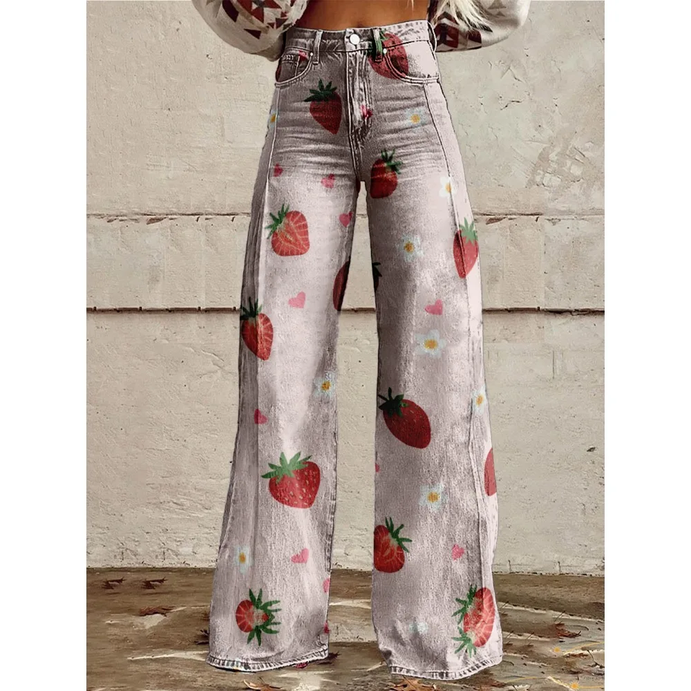 Damen-Hose mit weitem Bein, Grapefruit-Orange-Zitronen-Aufdruck, hoch taillierte Schlaghose, bunte Früchte, Sommer-Festival-Party-Hose – Detail 21