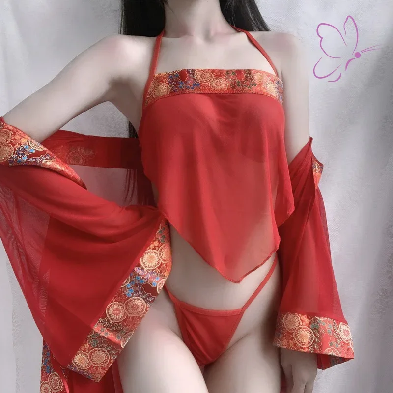 Sexy Lingerie Chinese Style Bride Bellyband Outerwear Uniform Lace Bellyband Bathrobe Couple Flirting Set