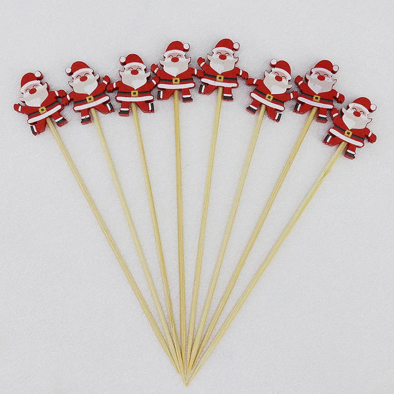 (100pcs/pack) 11.8cm Santa Claus Bamboo Skewers Wooden Disposable Christmas Toothpick Kitchen Accessories Dessert Fruit  Party