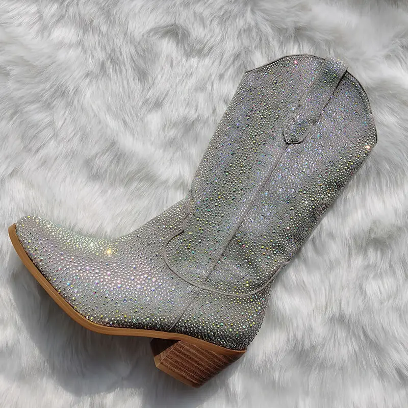 Onlymaker Women Knee High Boots Rhinestone Booties Glitter Bling Shiny Western Pointed Toe Block Heel Pull-On Cowgirl Booties