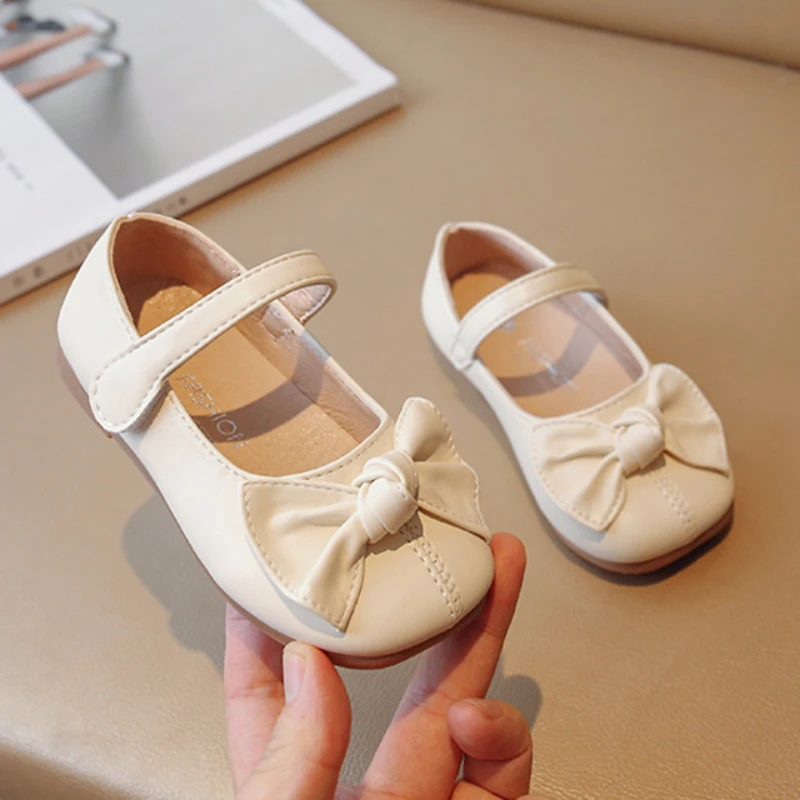 Girls' Flat Shoes Korean Style Kids Causal Princess Leather Shoes Fashion Versatile Children's Walking Solid Color Bowtie