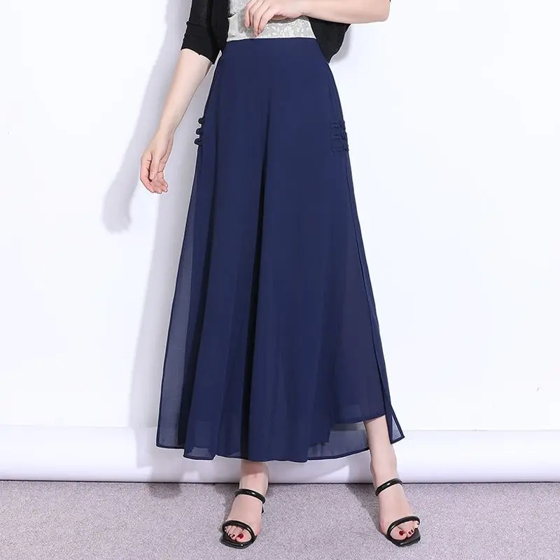 Split Wide Leg Women's Chinese Style Summer 2024 New Patchwork Elasticized Buckle Fashion Solid Color Loose Chiffon Casual Pants