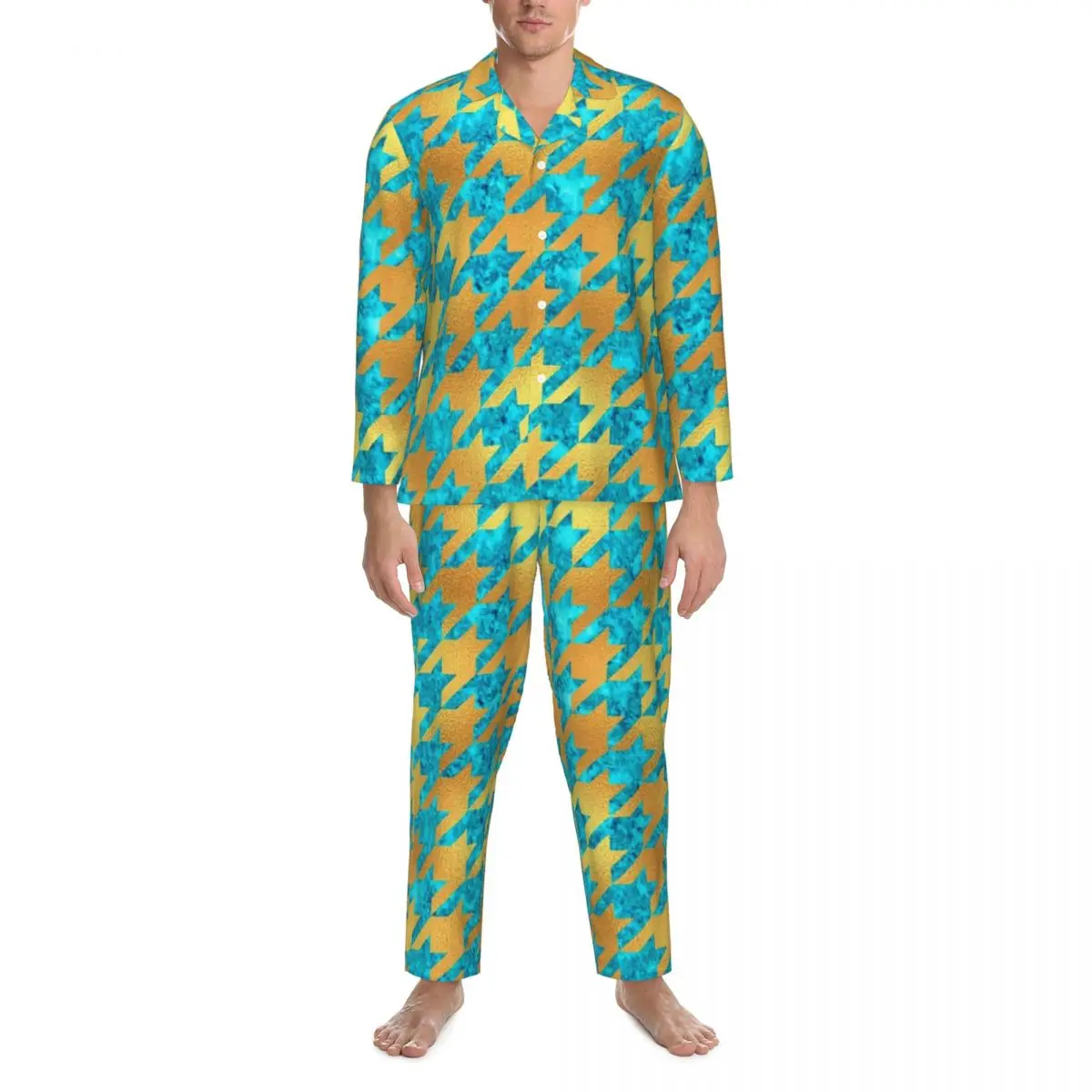 

Pajamas Mens Gold Houndstooth Leisure Nightwear Marble Print 2 Piece Aesthetic Pajamas Set Long Sleeve Warm Oversized Home Suit