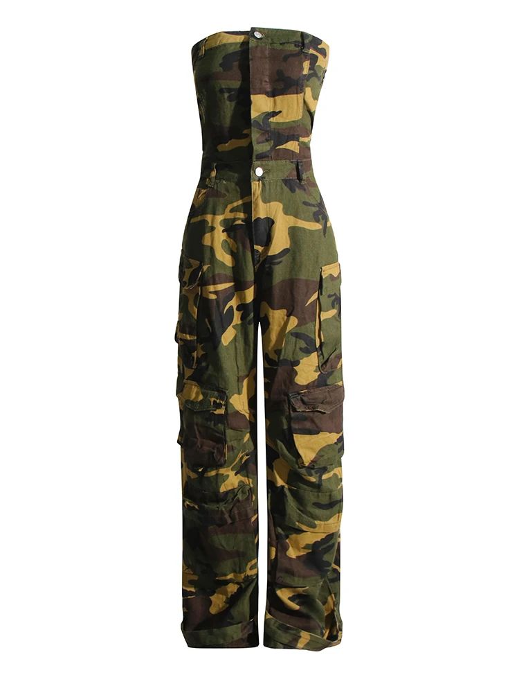 CHICEVER Fashion Camouflage Jumpsuits For Women Strapless Sleeveless High Waist Streetwear Colorblock Cargo Jumpsuit Female 2023
