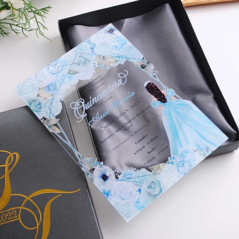 Acrylic Quinceanera Invitation,Custom 10pcs Transparent Bridal's Party Invitation,Girls Princess Sweet 16th Birthdday Invitation