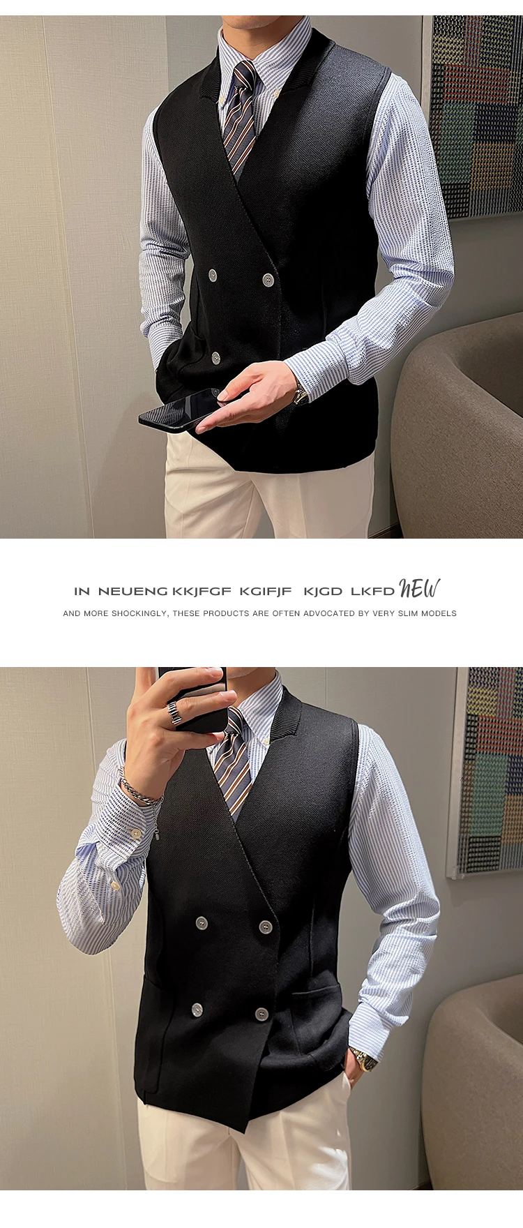 Men 2025 Autumn Winter New Double-breasted Knitted Vest Male V-neck Sleeveless Coats Mens Solid Color Sweater Waistcoat M22