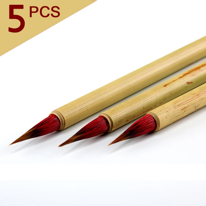 

5PCS Red Weasel Hair Calligraphy Brush Pen Handmade Bamboo Handle Chinese Painting Brush Xiaokai Regular Script Writing Brush