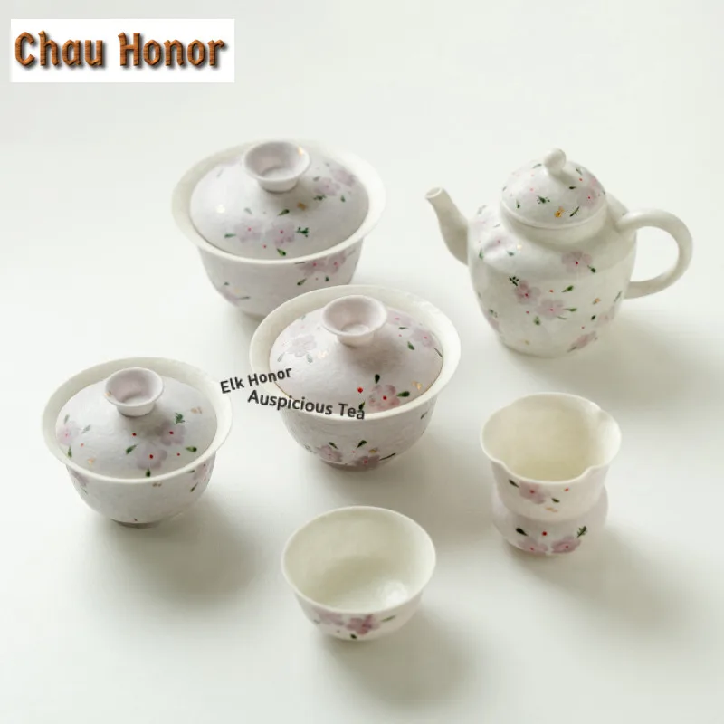135ml Hand-painted Cherry Blossoms Teapot Retro Tea Infuser Pot Tea Brewing Kettle With Ball Hole Puer Teaware Accessories Gift