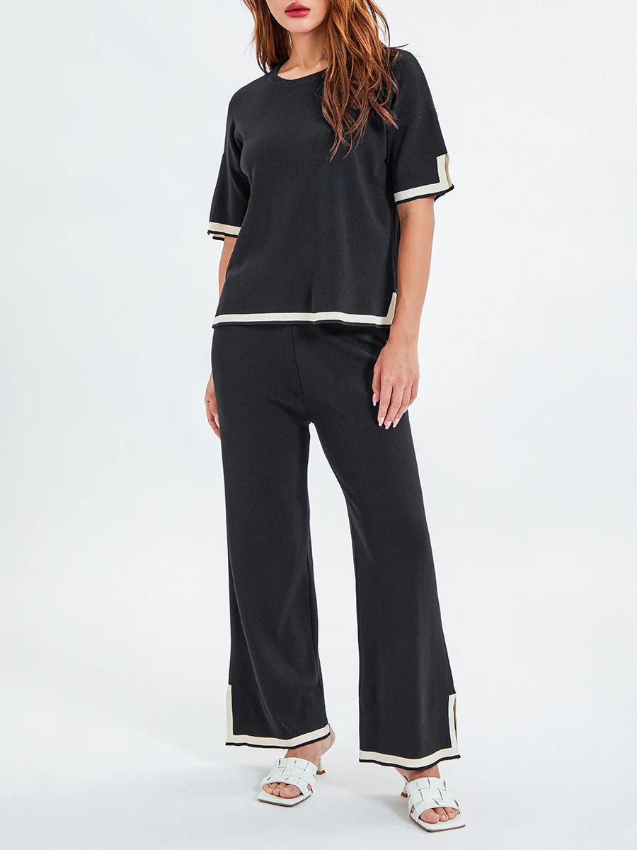 

Women 2 Piece Lounge Sets Sweater Knit Matching Wide Leg Pants Outfit Short Sleeve Crew Neck Pullover Tops Wear