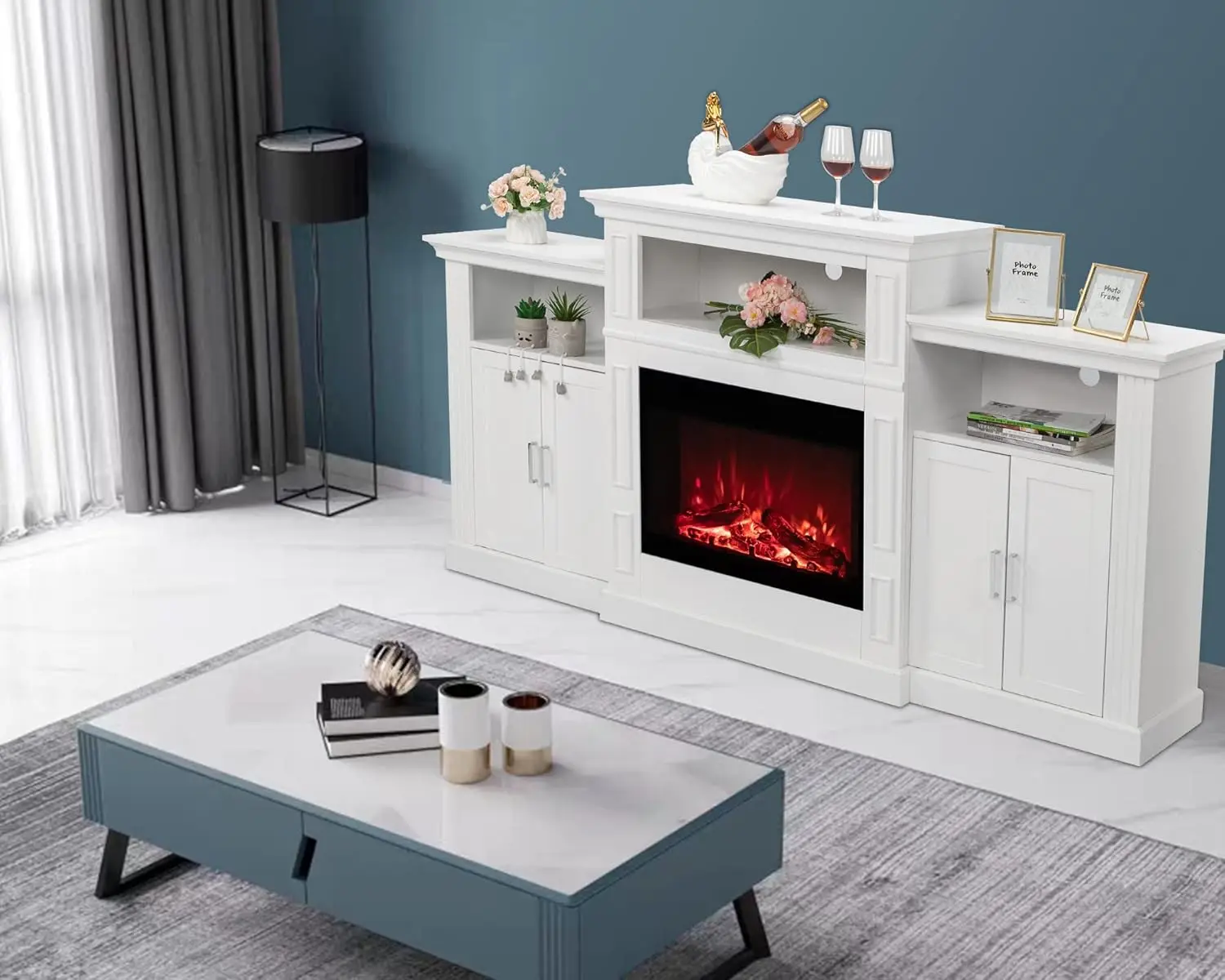 Electric Fireplace with Mantel,Fireplace TV Stand for TVs Up to 85'',Modern Entertainment Center,Storage,TV Console with Shelves 2