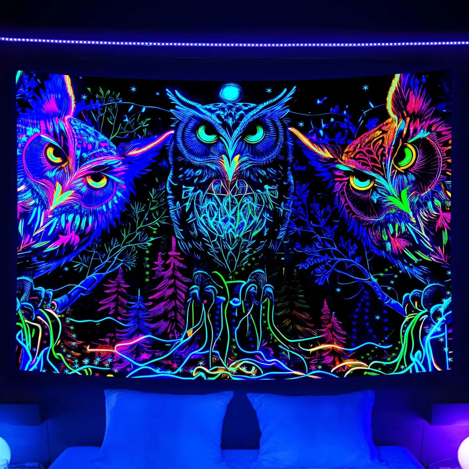 

Black Light Tapestry UV Activity, Black Light Owl Forest Art Poster, Moon Animals Shining in the Dark Blanket Party Decoration