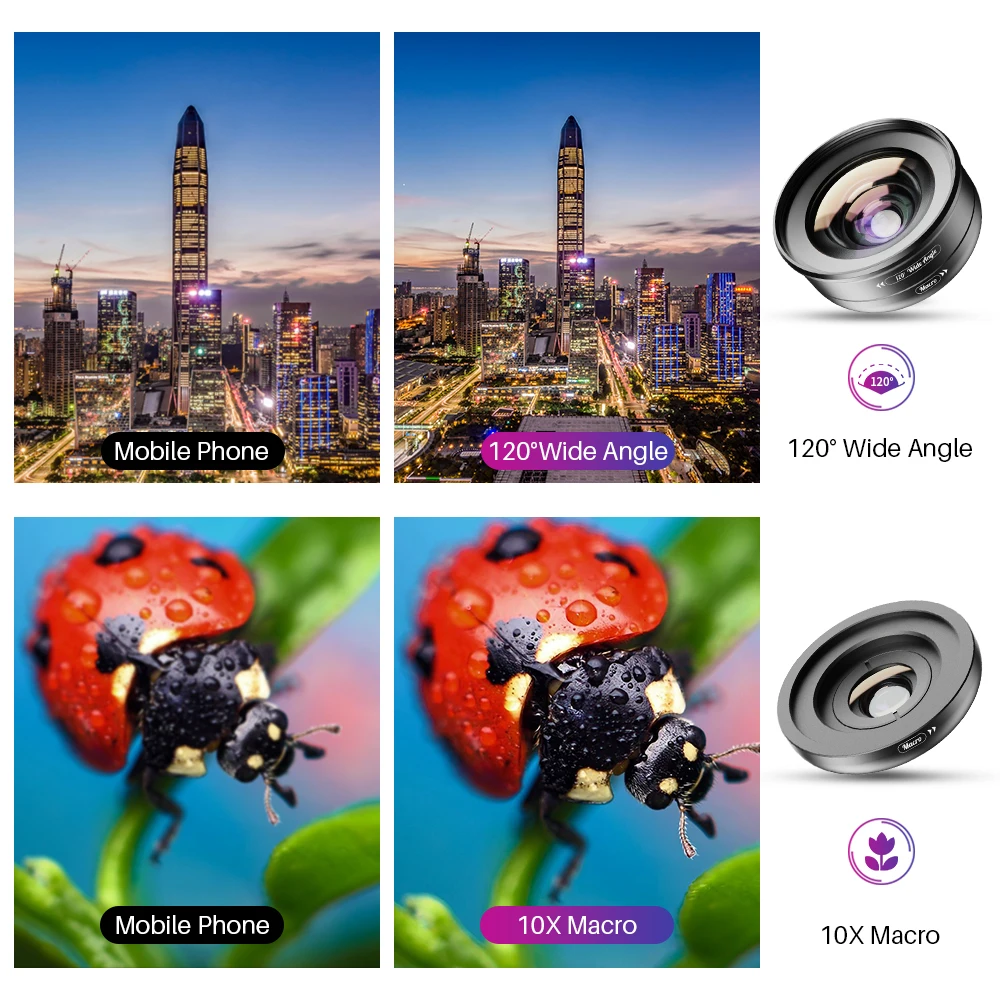 APEXEL 2 in 1 Lens 4K 120 Degree Super Wide Angle 10x lens macro photography iPhone Samsung xiaomi Realme All Cellphone wide angle conversion lens