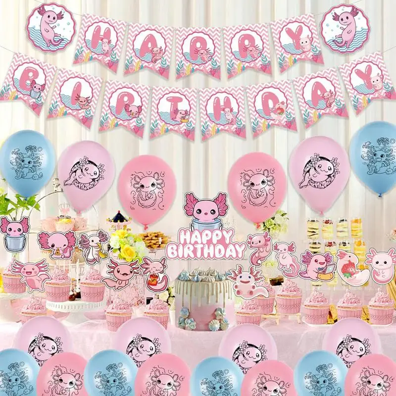 

Axolotl Birthday Decoration Set Birthday Party Supplies Happy Birthday Banner Cupcake Topper Balloons Axolotl Theme Party Favor
