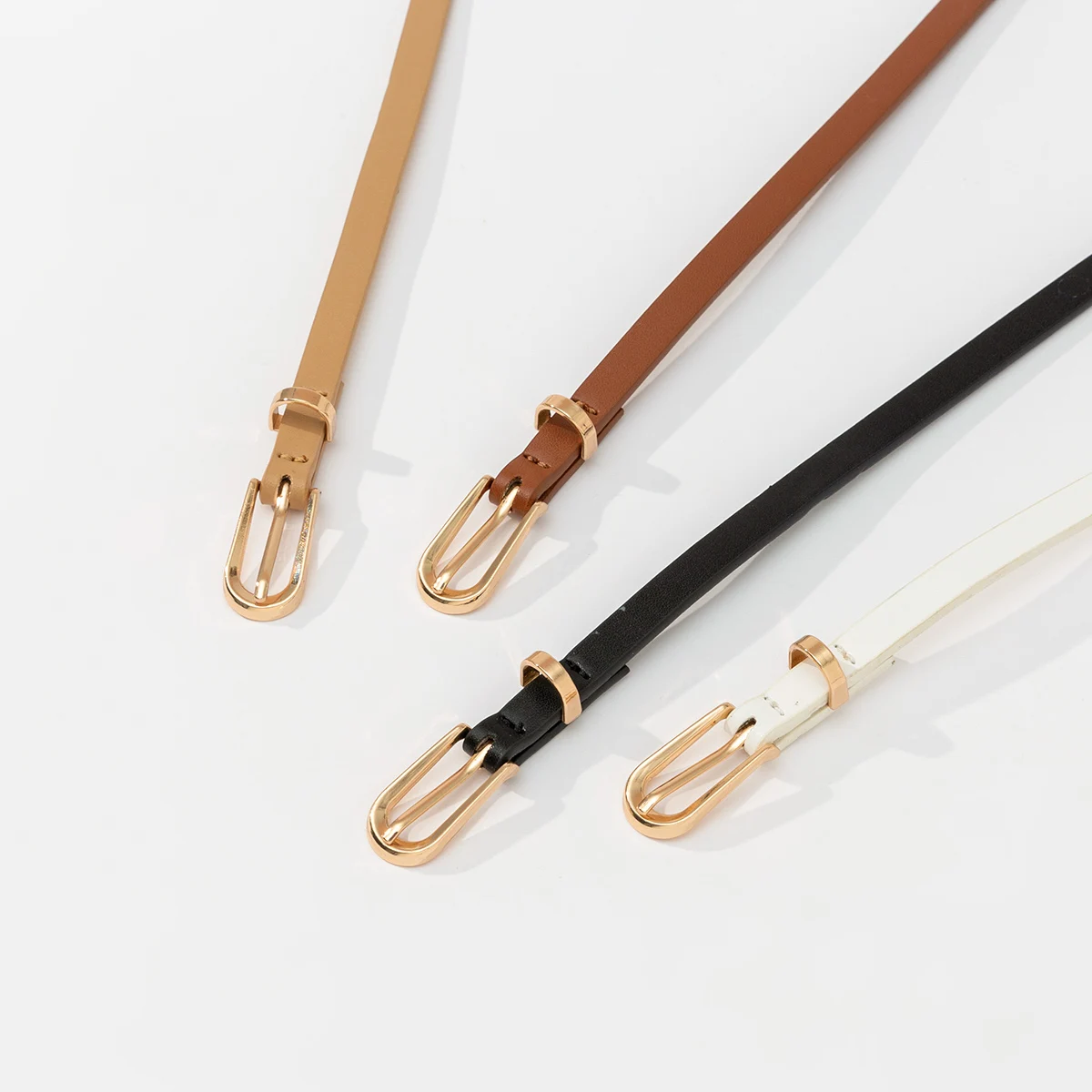 4 Cinturones Mujer Cuero PU - Ajustables, Hebilla Dorada, Colores Negro/Marrón/Beige/Blanco