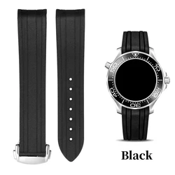 Curved End Rubber Silicone Waterproof Watchband - 20mm Universal Wristbelt - No logo (Black - silver buckle)