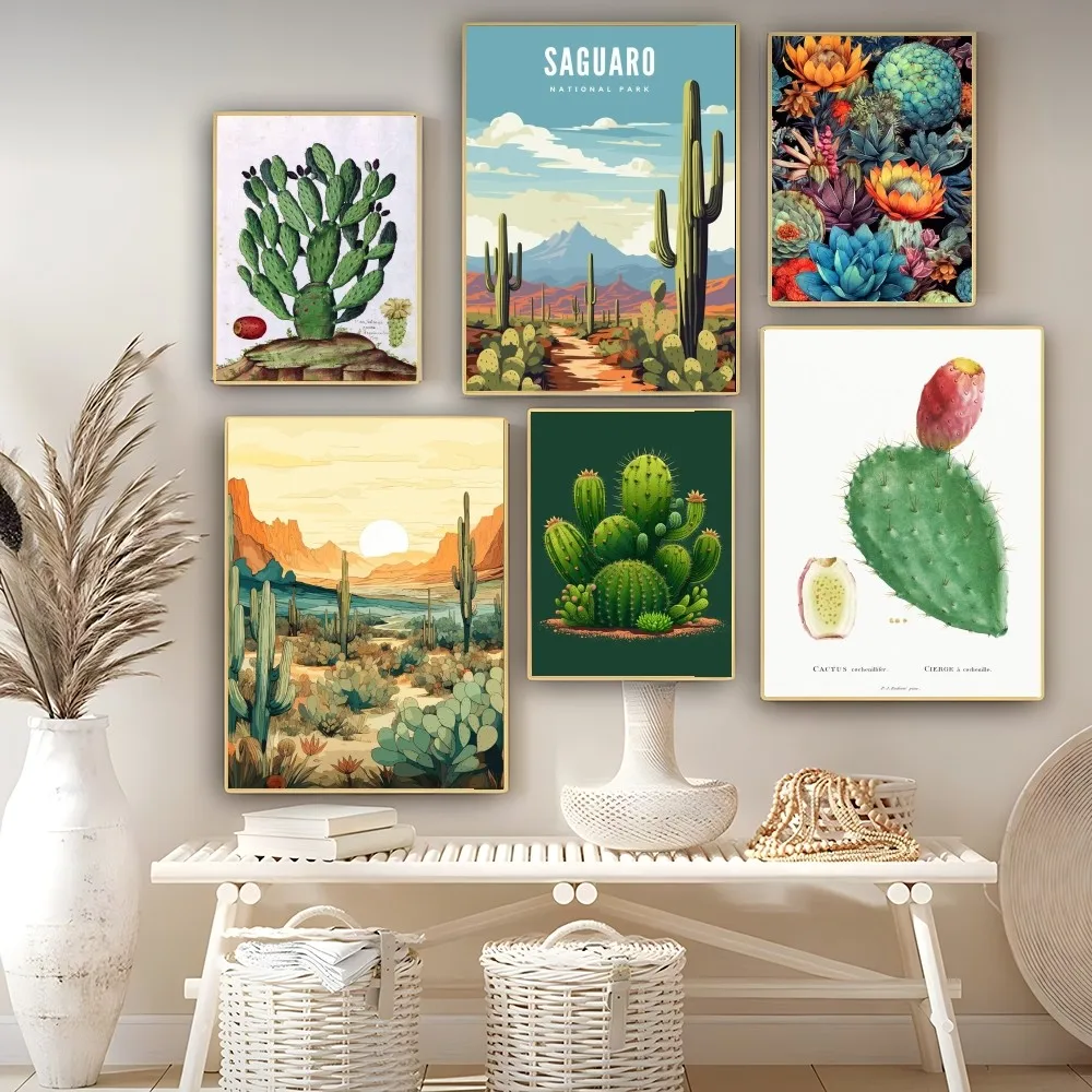 

Cartoon Art Summer Cactus Poster Self-adhesive Art Poster Waterproof Paper Sticker Coffee House Bar Posters Wall Stickers