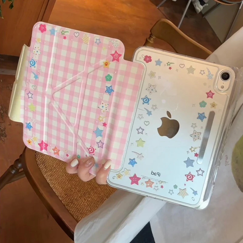 Pink & White Grid Pattern with Colorful Stars Tablet Case Cover