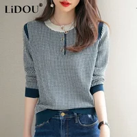 Autumn Winter New Vintage Houndstooth Print Simple Sweater Lady Elegant Fashion Korean Style Pullover All-match Casual Top Women 1
